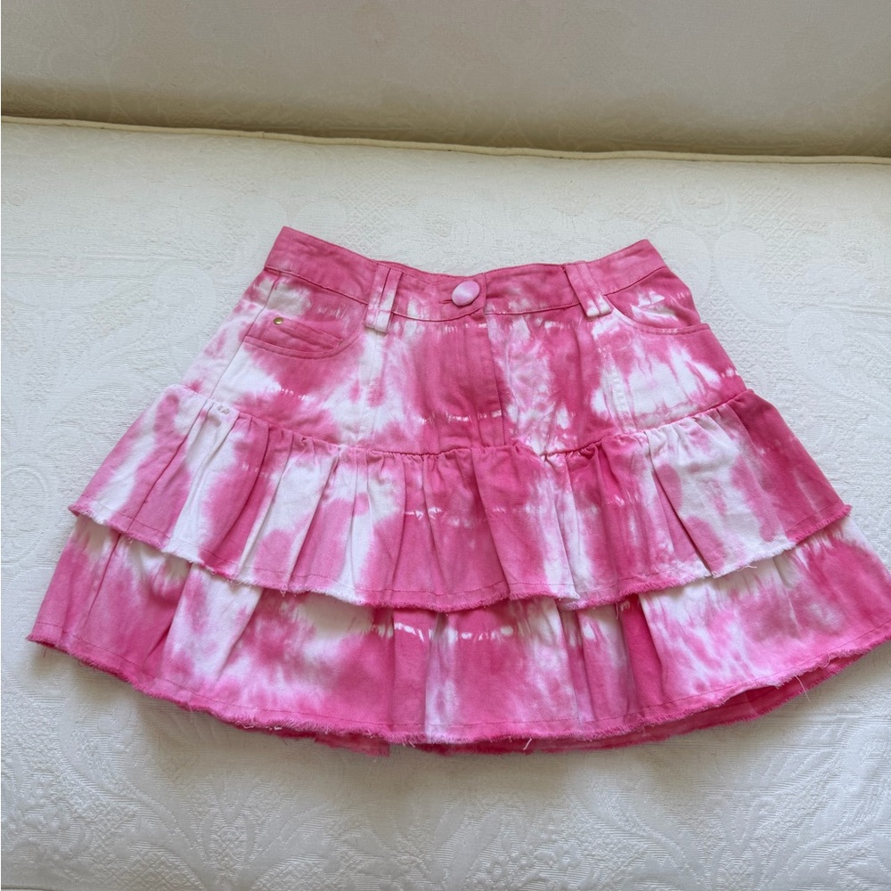 LoveShackFancy Pink & White Tie-Dye Ruffle Skirt